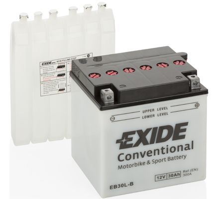 EXIDE Motobaterie Conventional 12V 30Ah 300A, 165x130x176mm, nabité, antisulf., náplň v balení