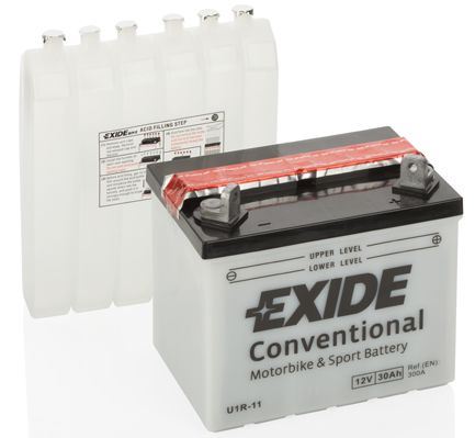EXIDE Motobaterie Conventional 12V 30Ah 300A, 196x130x180mm, nabité, antisulf., náplň v balení