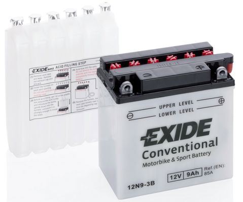 EXIDE Motobaterie Conventional 12V 9Ah 85A, 135x75x139mm, nabité, náplň v balení