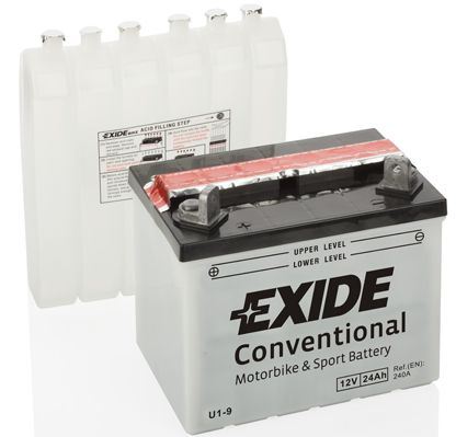 EXIDE Motobatérie Conventional 12V 24Ah 240A, 196x130x180mm, nabité, antisulf., náplň v balení