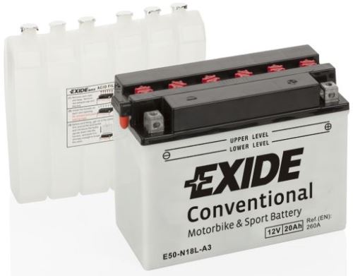 EXIDE Motobaterie Conventional 12V 20Ah 260A, 205x90x162mm, nabité, antisulf., náplň v balení